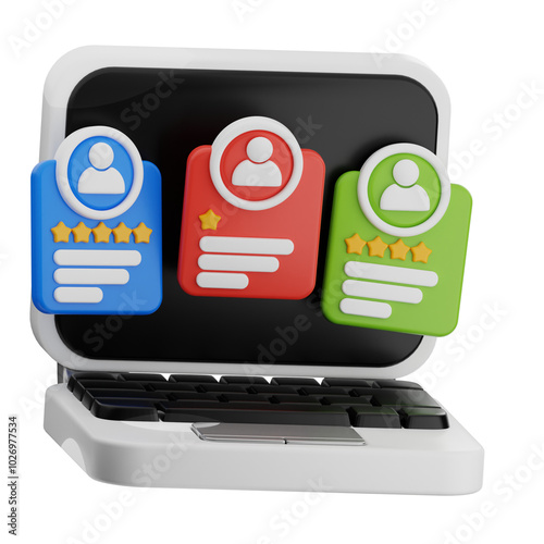 Customer review 3d illustration. laptop with user rating icon.