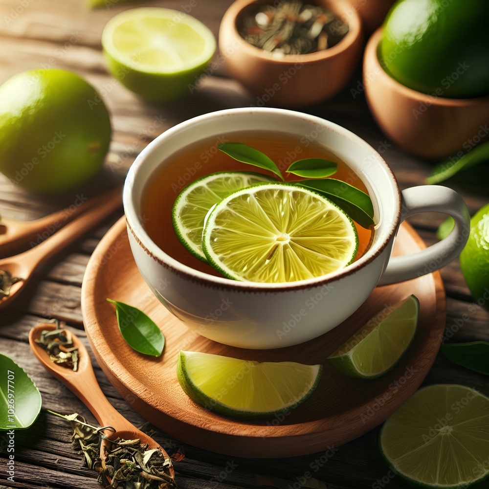 Cup of herbal tea with fresh lime slices on a rustic surface, aromatic and healthy beverage. Concept of health, relaxation, natural ingredients, and organic lifestyle.