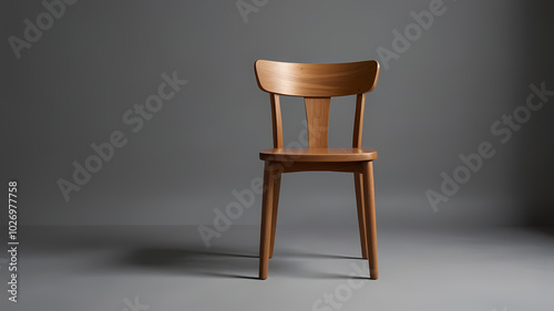 A simple wooden dining chair with a curved backrest and clean lines, standing alone on a light grey background