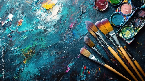 Colorful Paints and Brushes on Artistic Canvas Background