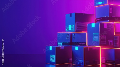 Colorful neon-lit stacked boxes in a dark room, representing futuristic or modern technology in logistic and warehouse management.
