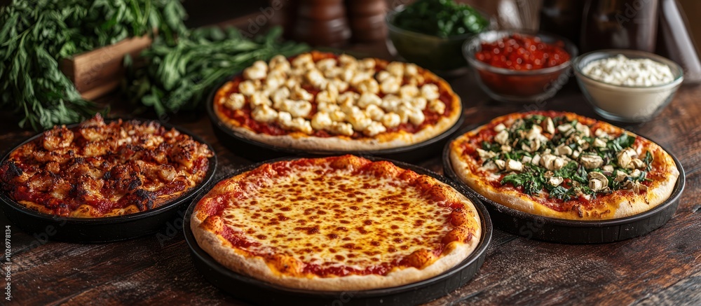 Fototapeta premium Four delicious pizzas with different toppings, including cheese, spinach, and meat, arranged on a wooden table with various ingredients in the background.
