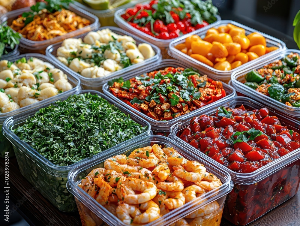 colorful thai food lunch boxes artfully arranged, showcasing vibrant dishes with fresh herbs and spices in clear plastic containers, ready for a delicious meal