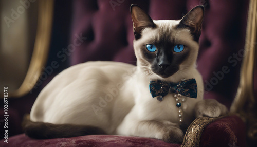 A regal Siamese cat with striking blue eyes sits poised on a vintage chair, adorned with a burgundy bow tie, exuding sophistication and charm.