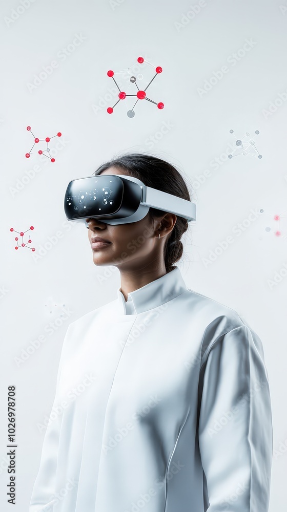 Woman in Virtual Reality Headset Exploring Molecular Structures. Woman in Virtual Reality Headset Exploring Molecular Structures.