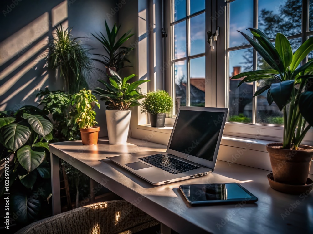Modern White Office Desk with Sunlight, Green Plants, and Minimalist Decor for Bright Workspace Inspiration Modern White Office Desk with Sunlight, Green Plants, and Minimalist Decor for Bright Workspace Inspiration