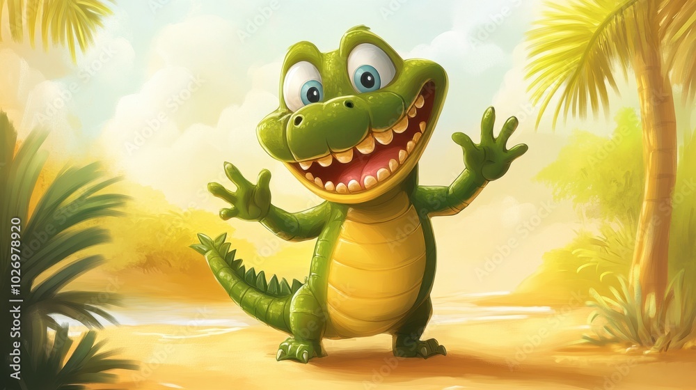Happy Cartoon Crocodile in Tropical Setting Happy Cartoon Crocodile in Tropical Setting