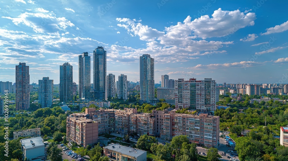 Obraz premium Aerial view of a modern cityscape with high-rise buildings, green areas, and a blue sky with scattered clouds on a sunny day.