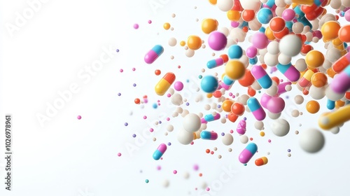 Colorful Pills and Capsules Falling on White Background.