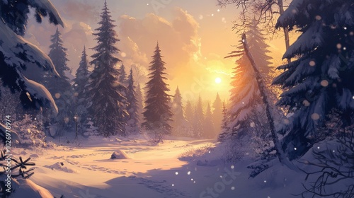 A snowy forest with tall evergreen trees, their branches covered in snow, and the sun setting in the distance