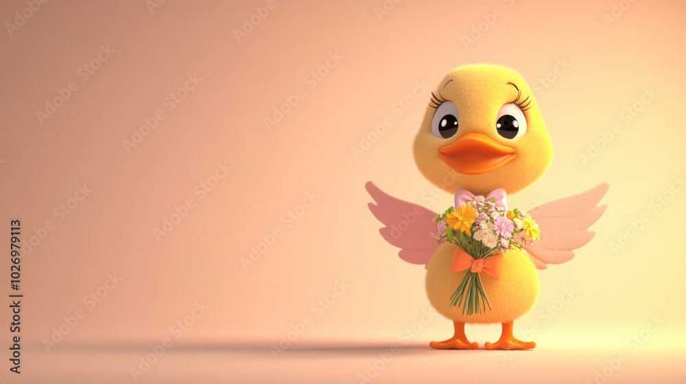 Cute cartoon duck holding flowers in pastel background Cute cartoon duck holding flowers in pastel background