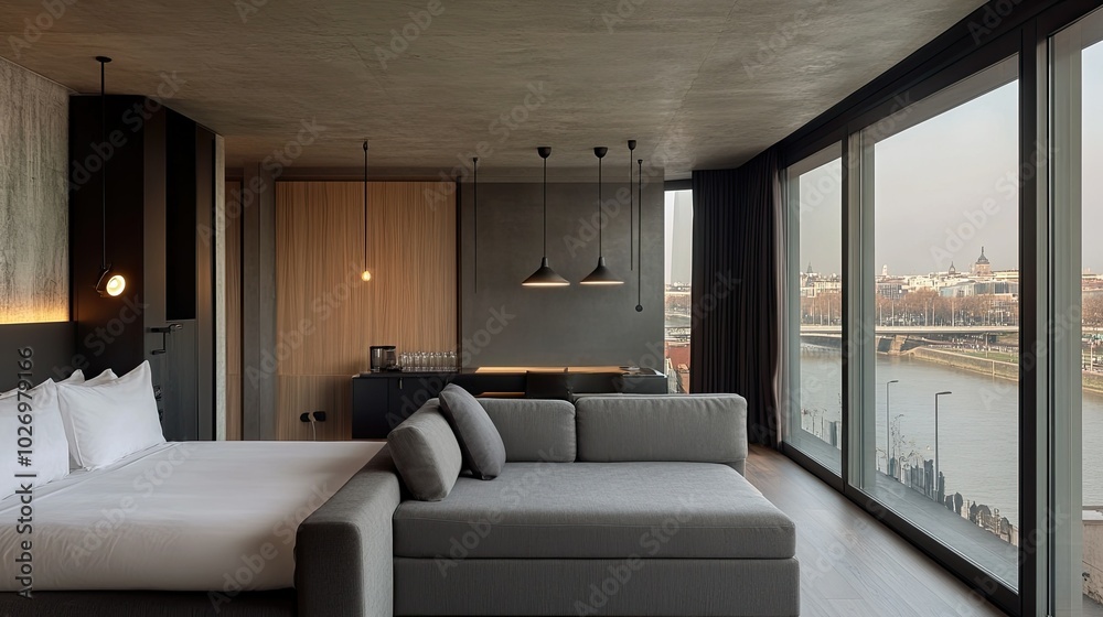 A sophisticated hotel room with grey sofa, oak acoustic wall panels, hanging lights, and floor-to-ceiling windows that provide stunning panoramic views. A sophisticated hotel room with grey sofa, oak acoustic wall panels, hanging lights, and floor-to-ceiling windows that provide stunning panoramic views.