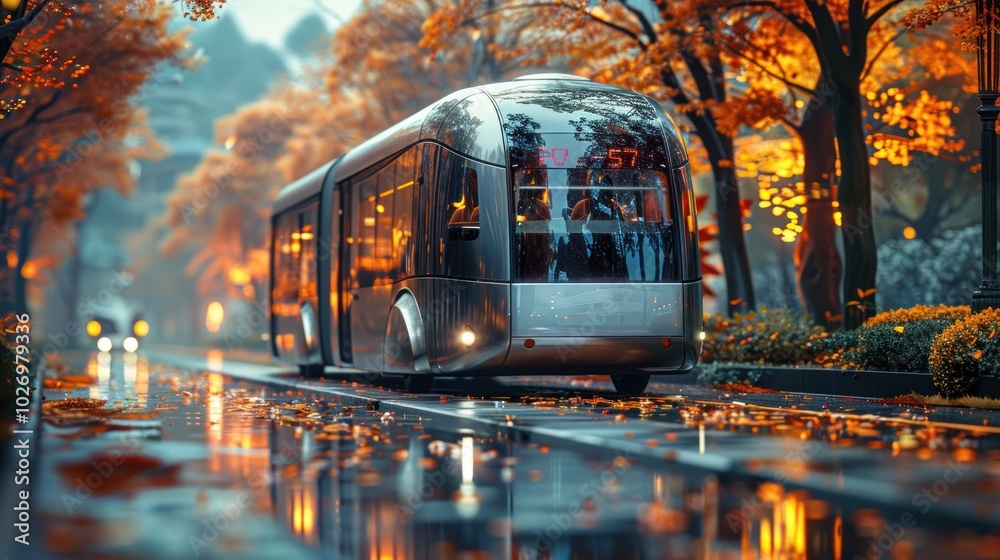 Obraz premium Futuristic Bus in Autumn Rain