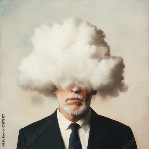 Surreal portrait of a man in a suit with a cloud obscuring his head, blending reality and imagination in a thought-provoking image.