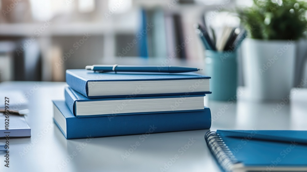 A stack of blue notebooks, pens, and office supplies arranged neatly on a minimalist desk, representing organization and focus. A stack of blue notebooks, pens, and office supplies arranged neatly on a minimalist desk, representing organization and focus.
