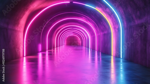 A long concrete tunnel illuminated by neon lights.