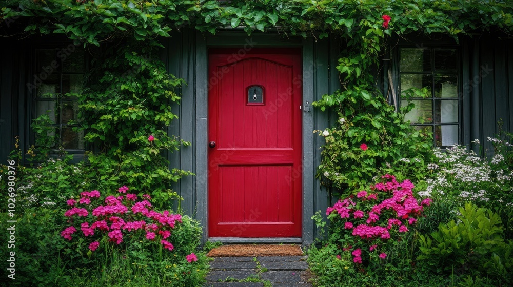 A striking red front door on a quaint cottage, framed by blooming flowers and vines A striking red front door on a quaint cottage, framed by blooming flowers and vines