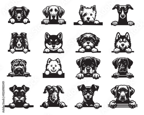 Set of Peeking Dog clipart design - Dog Breeds Peeking face Vector illustration in black and white