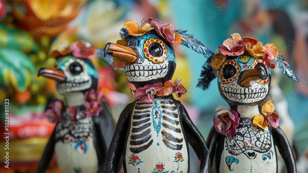 Fototapeta premium Three colorful, intricately designed Day of the Dead penguin figurines, adorned with flowers and vibrant patterns, in close-up view.