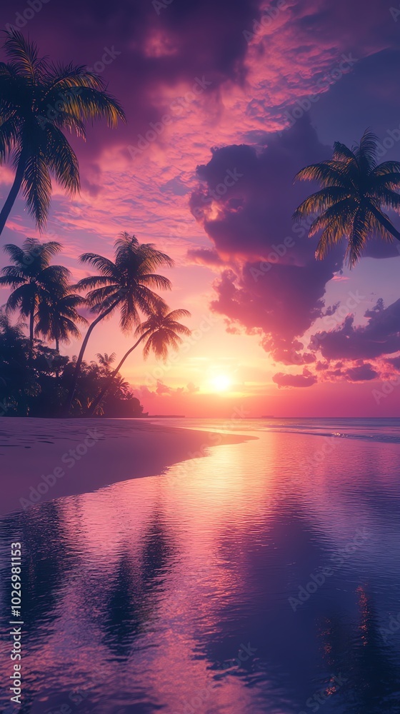 A scenic view of a tropical beach at sunset with palm trees silhouetted against the sky. The water is calm and reflects the vibrant colors of the sky. A scenic view of a tropical beach at sunset with palm trees silhouetted against the sky. The water is calm and reflects the vibrant colors of the sky.