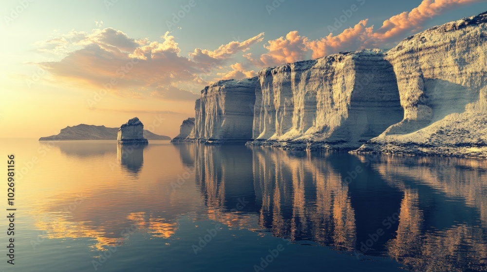 A surreal 3D landscape of smooth cliffs and still water, illuminated by the golden glow of a sunrise, creating a zen-like futuristic atmosphere. A surreal 3D landscape of smooth cliffs and still water, illuminated by the golden glow of a sunrise, creating a zen-like futuristic atmosphere.
