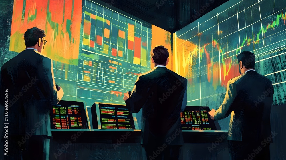 Three Businessmen Observing Stock Market Data on Large Screens Three Businessmen Observing Stock Market Data on Large Screens