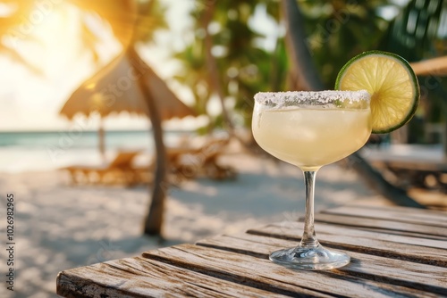 Fototapeta Naklejka Na Ścianę i Meble -  A refreshing margarita cocktail garnished with a lime slice, sitting on a wooden table with a tropical beach and palm trees in the background.