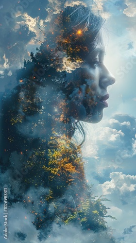 Dreamy Abstract Portrait of a Woman with Nature Elements