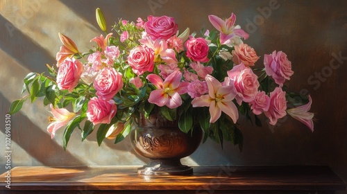 A vase of pink roses and lilies arranged beautifully on a wooden table in a sunlit room