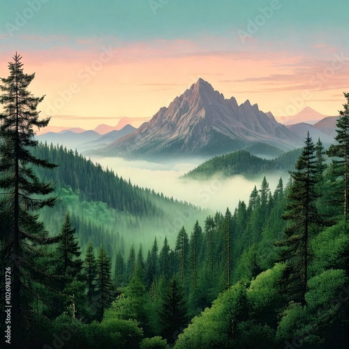 breathtaking illustration of a mountain view at dawn photo