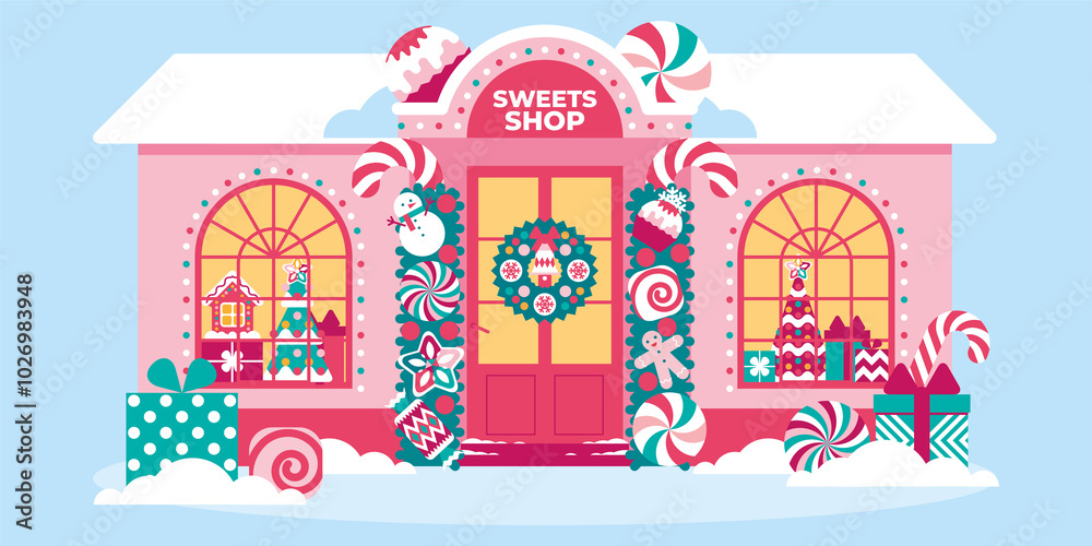Naklejka premium Beautiful sweet shop in Christmas festive decor with garlands, lights, creative decorations. Showcase of confectionery shop with Christmas sweet souvenirs. Xmas house exterior decoration