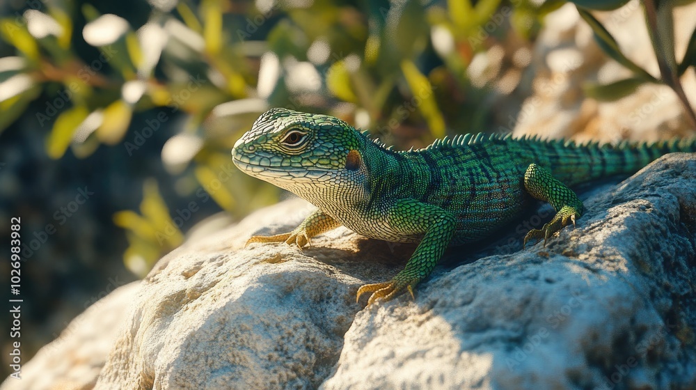 A vibrant green lizard basking in the sunlight on a rock, its scales blending seamlessly with the natural environment around it. A vibrant green lizard basking in the sunlight on a rock, its scales blending seamlessly with the natural environment around it.