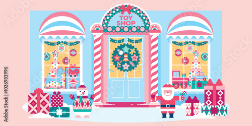 Beautiful bright toy store facade with Christmas decor. Festive children's shopwindow with doll, horse, train, car, Santa Claus, snowman, gifts. Xmas house exterior