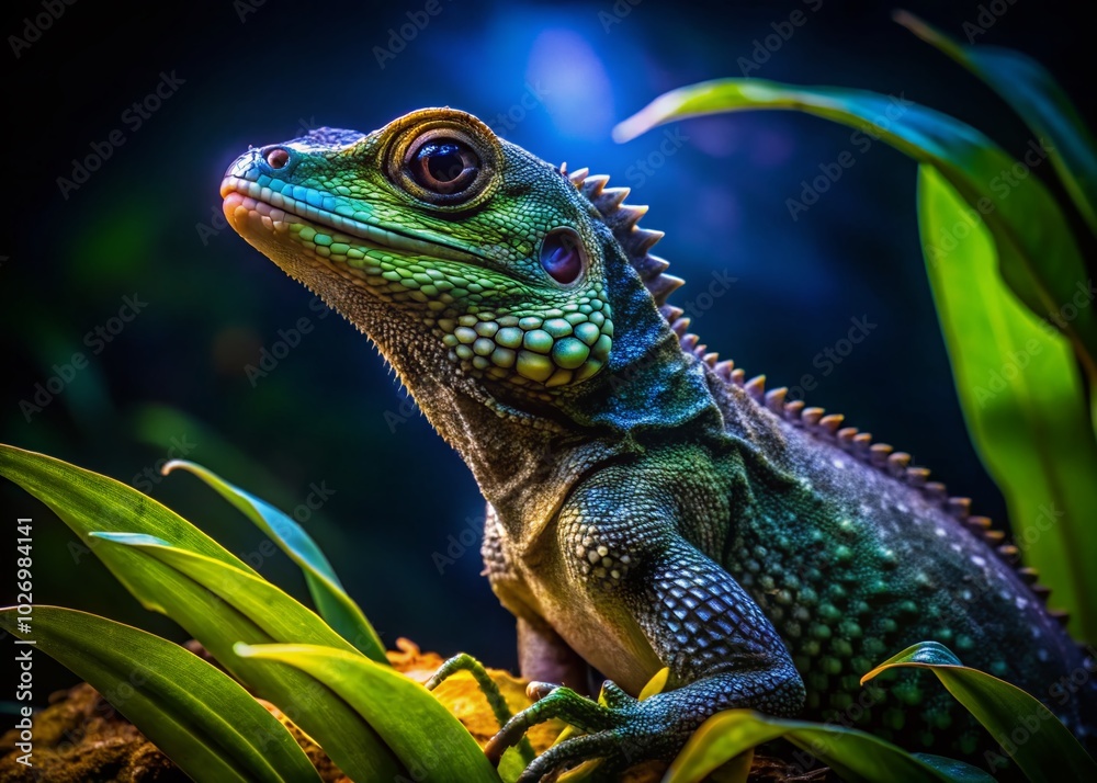 Obraz premium Night Photography of a Lizard with Curled Tail in a Lush Environment