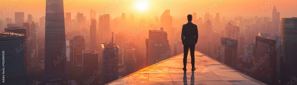 Man standing on rooftop edge looking at urban skyline at sunrise, symbolizing ambition, future, and success in a modern cityscape. Man standing on rooftop edge looking at urban skyline at sunrise, symbolizing ambition, future, and success in a modern cityscape.