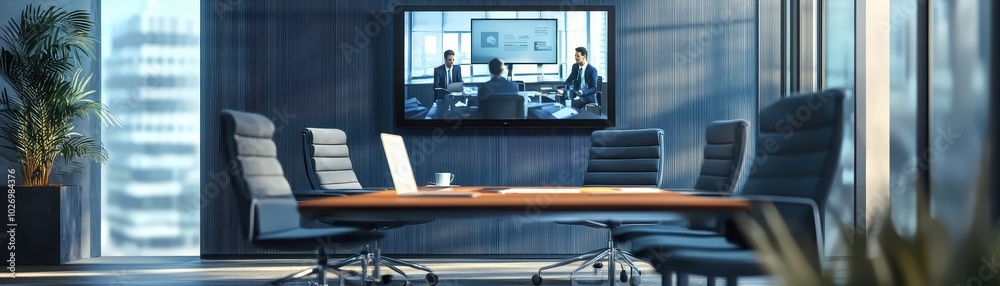 Modern office conference room with a video meeting in progress, featuring a sleek table, chairs, and large glass windows with city view. Modern office conference room with a video meeting in progress, featuring a sleek table, chairs, and large glass windows with city view.