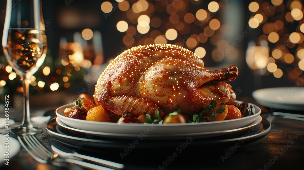 Delicious roasted turkey garnished with herbs, served on a festive table, with elegant wine glasses in the background. Delicious roasted turkey garnished with herbs, served on a festive table, with elegant wine glasses in the background.