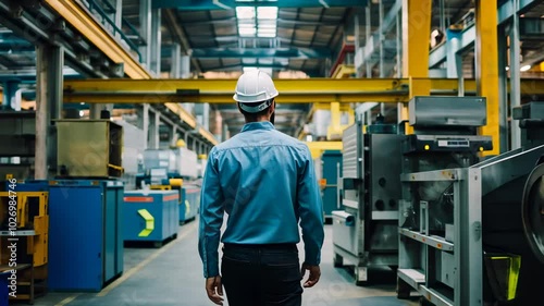A worker in a hard hat walks through a factory with machinery in the background.
