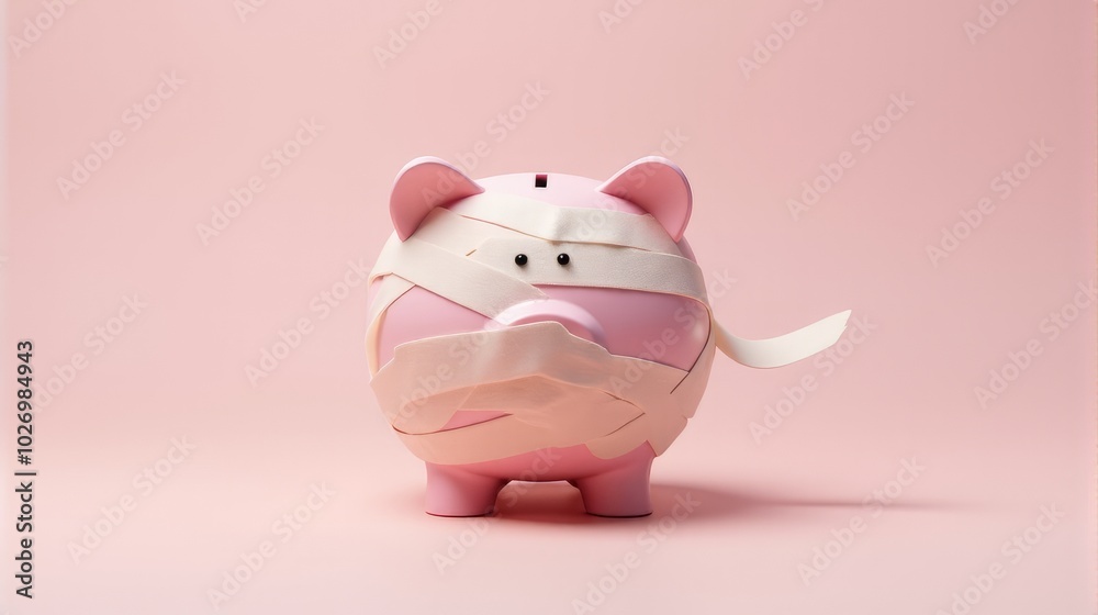 Pink Piggy Bank Wrapped in Bandages Placed Against a Bright Simple Background Pink Piggy Bank Wrapped in Bandages Placed Against a Bright Simple Background