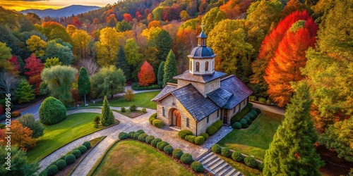 Aerial View of Panagia Pammakaristos Monastery Chapel in Lawsonville, NC - Serene Landscape Photography photo