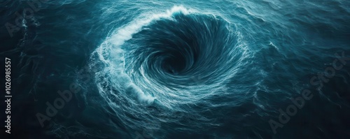 A powerful whirlpool forming in the middle of the ocean, showing water s potential for destruction, whirlpool, ocean energy photo