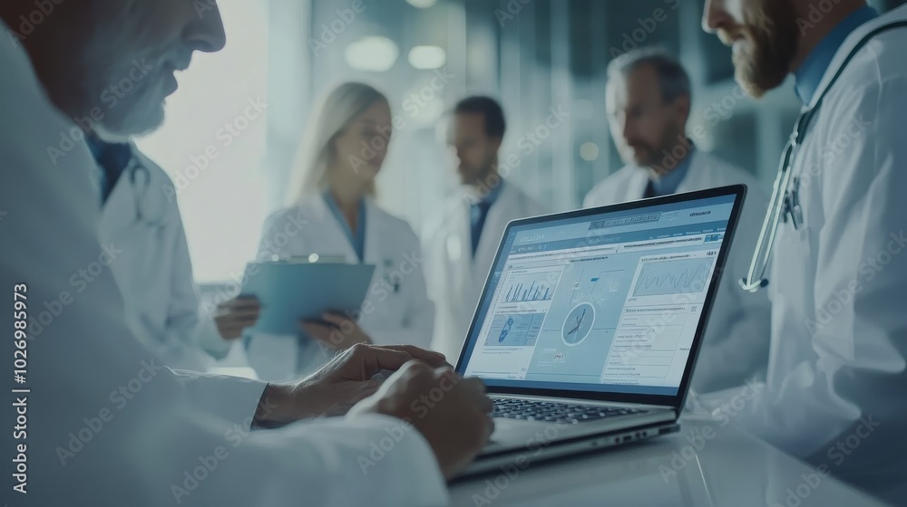 A group of doctors gathered around a laptop in a hospital meeting room, discussing a patient case and collaborating on treatment plans, with medical charts on the screen A group of doctors gathered around a laptop in a hospital meeting room, discussing a patient case and collaborating on treatment plans, with medical charts on the screen
