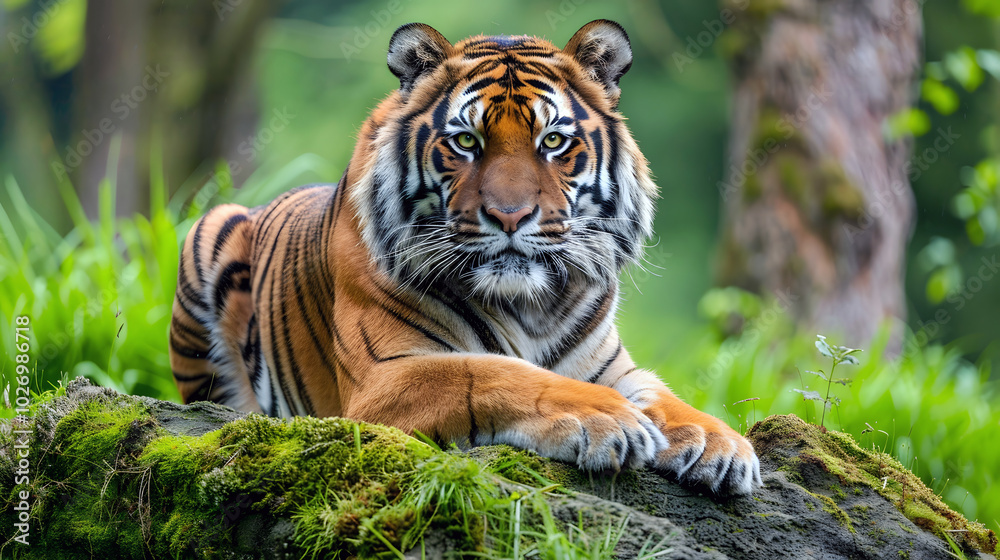 tiger lying on green moss in a jungle environment tiger lying on green moss in a jungle environment