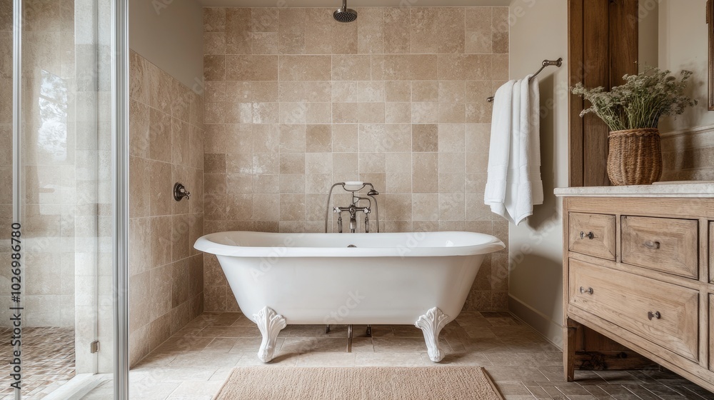 Elegant bathroom with a clawfoot bathtub, rain shower, and soft beige tiles creating a calming atmosphere. Elegant bathroom with a clawfoot bathtub, rain shower, and soft beige tiles creating a calming atmosphere.