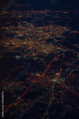 Aerial view of citiscape from airplane window