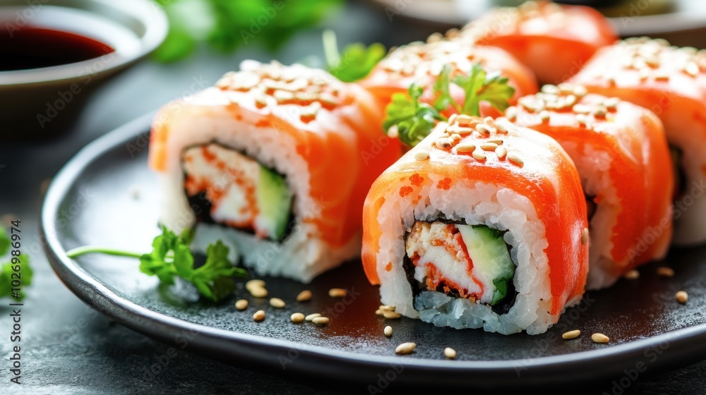 Fresh Salmon Sushi Rolls on Dark Plate Fresh Salmon Sushi Rolls on Dark Plate