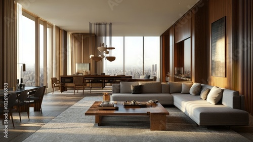 Elegant hotel living room with grey sofa, oak slat wood panel walls, panoramic floor-to-ceiling windows, and minimalist hanging lights.