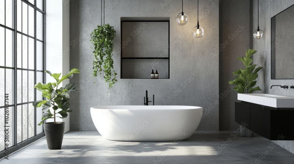 Modern bathroom with a white tub, black accents, and a rainfall shower head creating a bold aesthetic. Modern bathroom with a white tub, black accents, and a rainfall shower head creating a bold aesthetic.