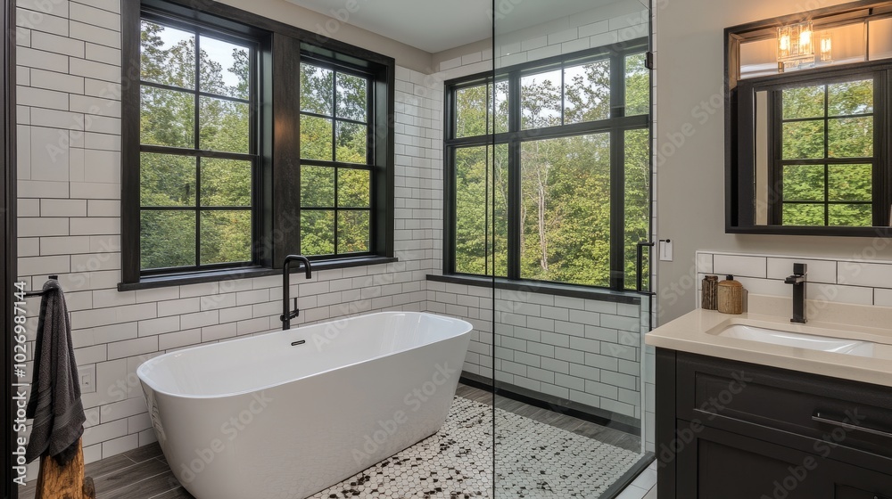 Modern bathroom with a white tub, black accents, and a rainfall shower head creating a bold aesthetic. Modern bathroom with a white tub, black accents, and a rainfall shower head creating a bold aesthetic.