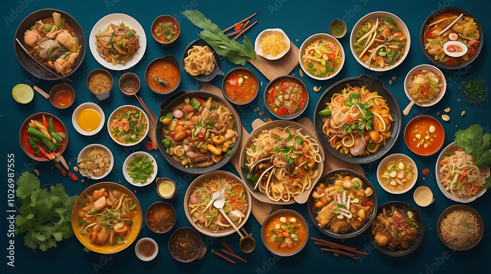 High quality assorted thai food in flat lay composition, On a colorful illustrations background.